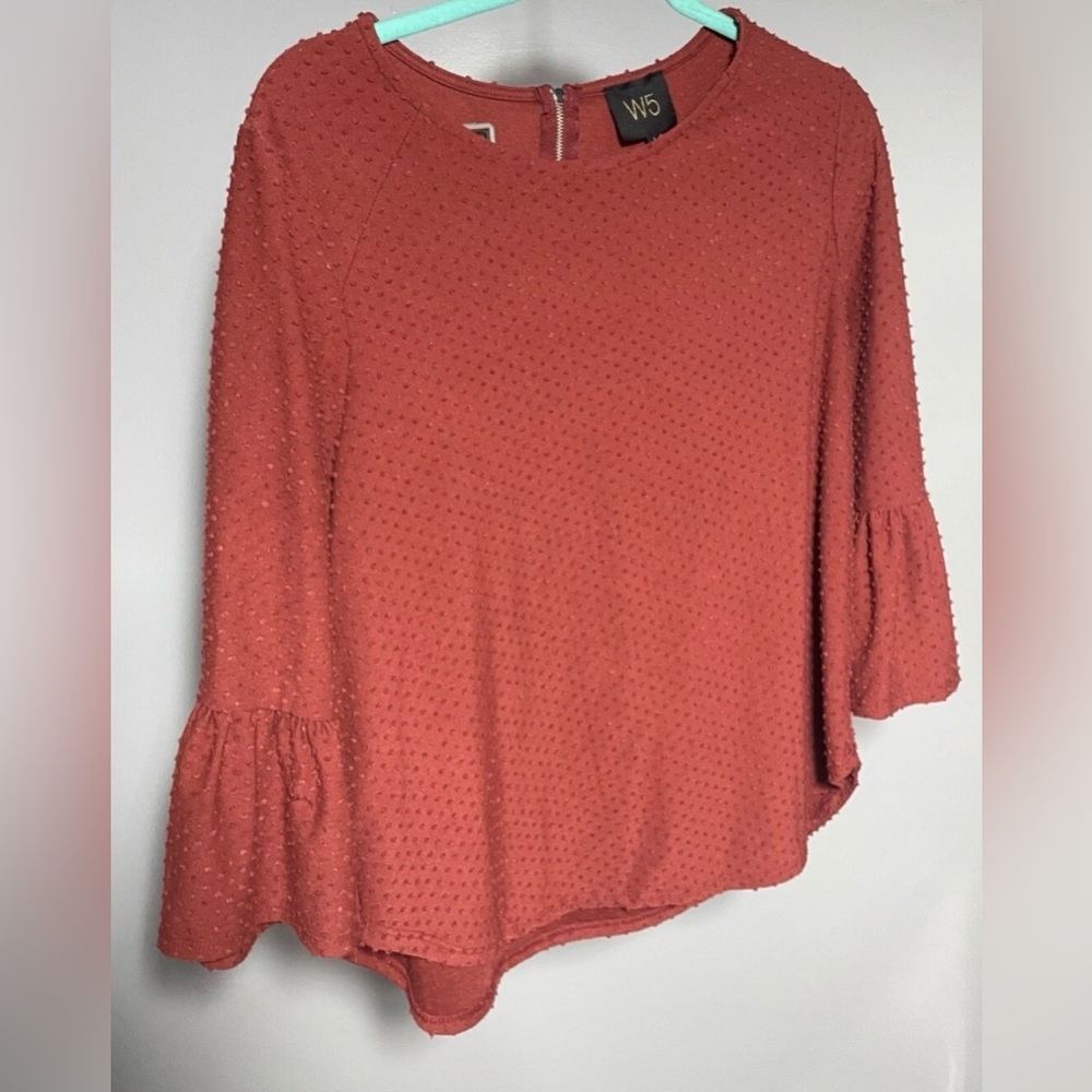 Anthropologie W5 Rust Orange Swiss Dot Bell Sleeve Blouse - Size S